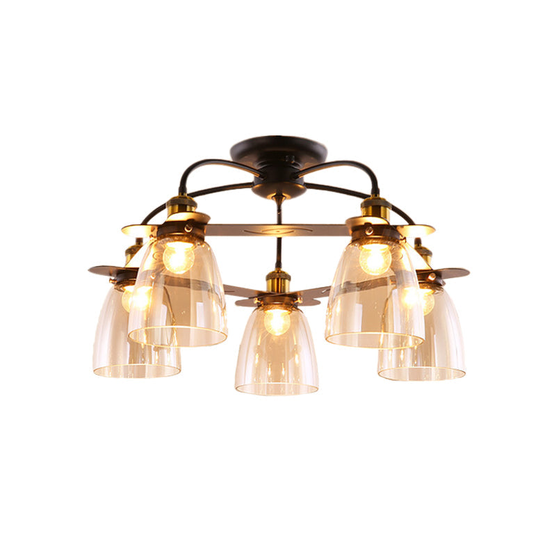 Mid Century Style Black Dome Shade Ceiling Mount Chandelier With Cognac Glass - Restaurant Semi