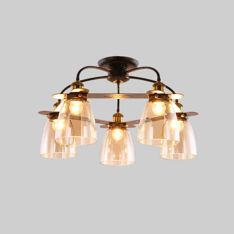 Mid Century Style Black Dome Shade Ceiling Mount Chandelier With Cognac Glass - Restaurant Semi