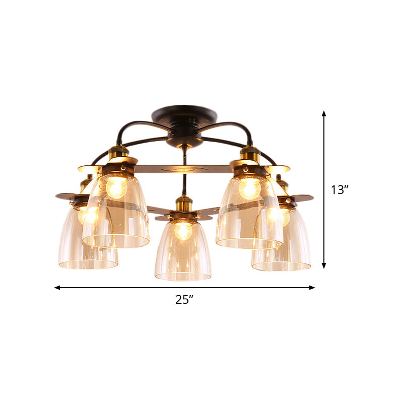 Mid Century Style Black Dome Shade Ceiling Mount Chandelier With Cognac Glass - Restaurant Semi