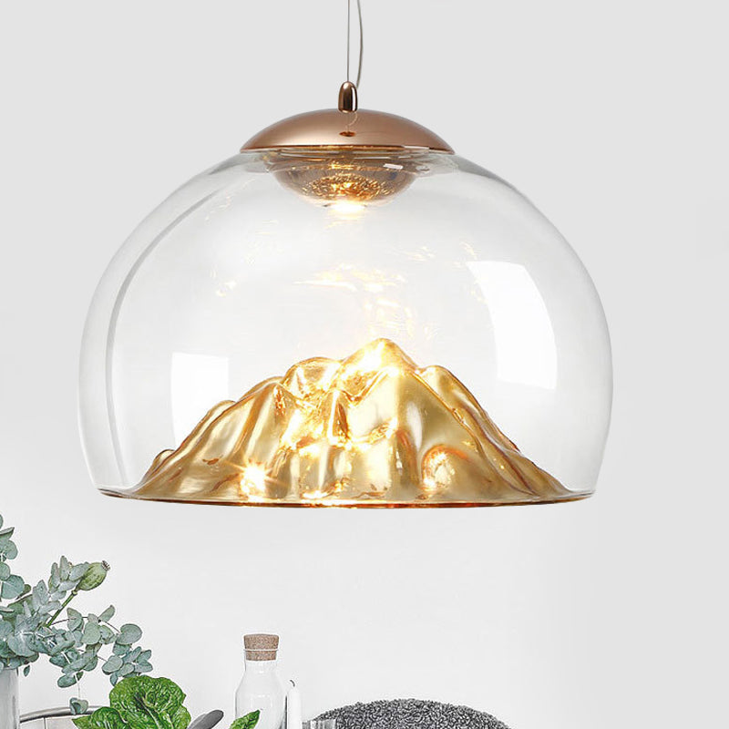 Suspension LED moderne dorée avec hémisphère en verre transparent et fond en lave, lumière chaude/blanche