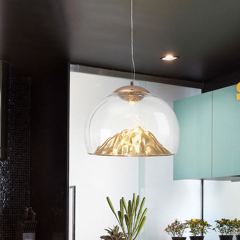 Suspension LED moderne dorée avec hémisphère en verre transparent et fond en lave, lumière chaude/blanche