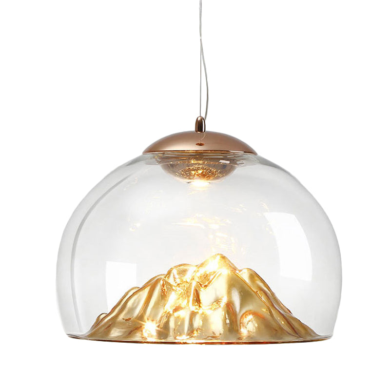 Suspension LED moderne dorée avec hémisphère en verre transparent et fond en lave, lumière chaude/blanche