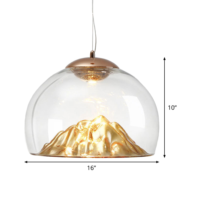 Suspension LED moderne dorée avec hémisphère en verre transparent et fond en lave, lumière chaude/blanche