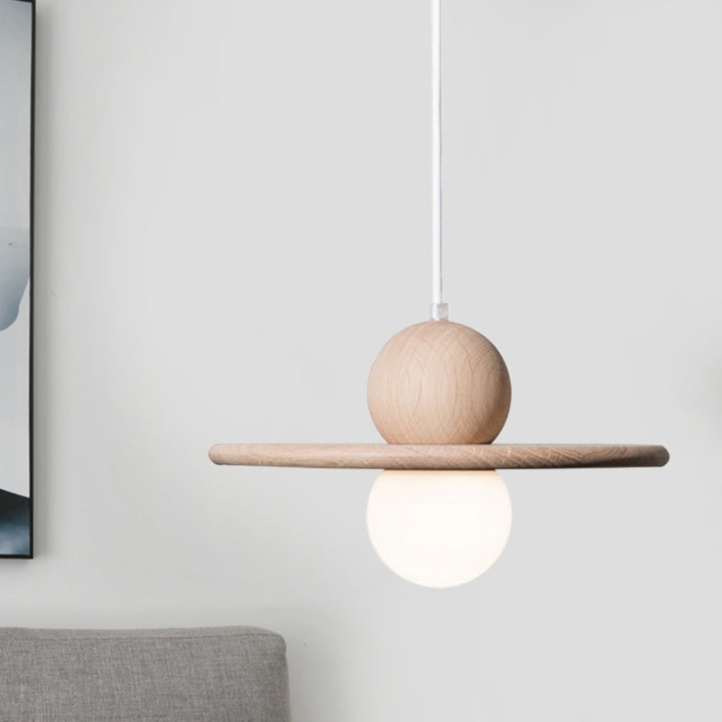 Minimalist Wood Plate Pendant Light - Single Head Beige Lamp for Dining Room
