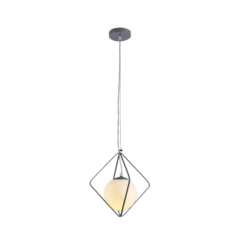 Minimalist Green/Grey Rhombus Cage Pendant Light With Milk Glass Ball Shade Inside