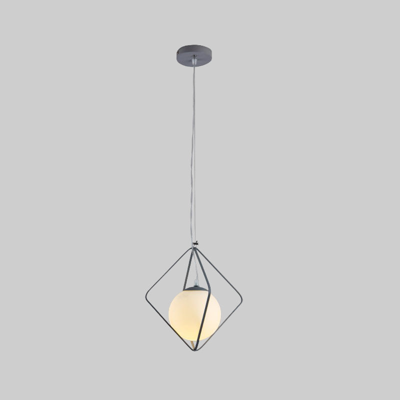 Minimalist Green/Grey Rhombus Cage Pendant Light With Milk Glass Ball Shade Inside