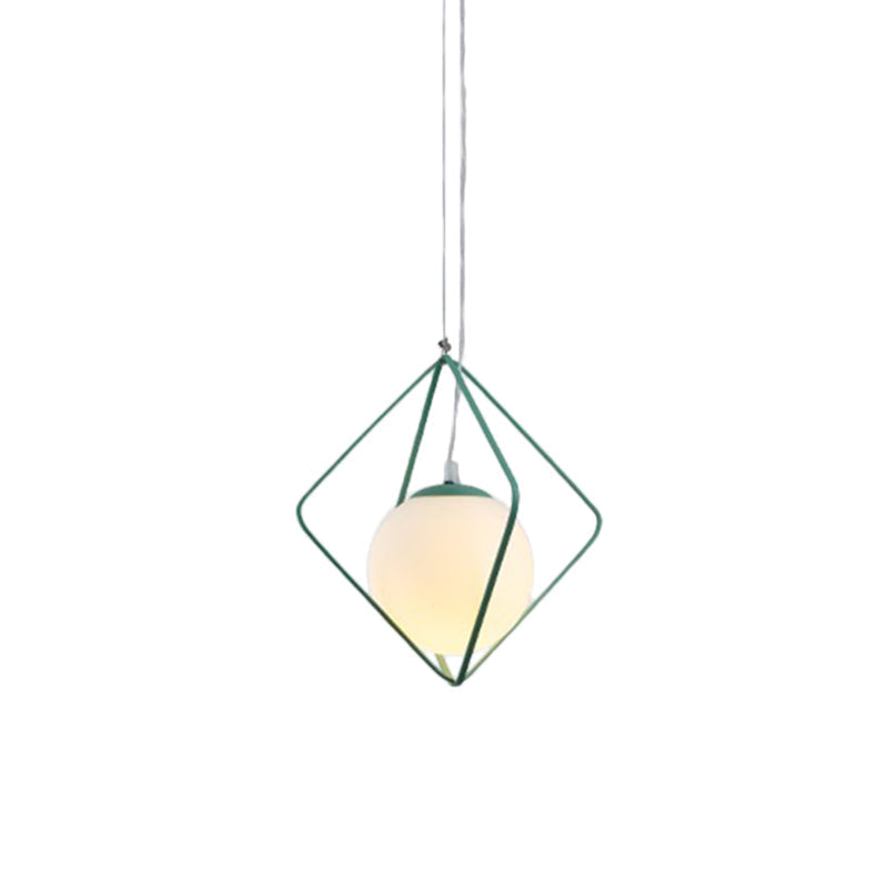 Minimalist Green/Grey Rhombus Cage Pendant Light with Milk Glass Shade - Single Head Iron Hanging Lamp Kit