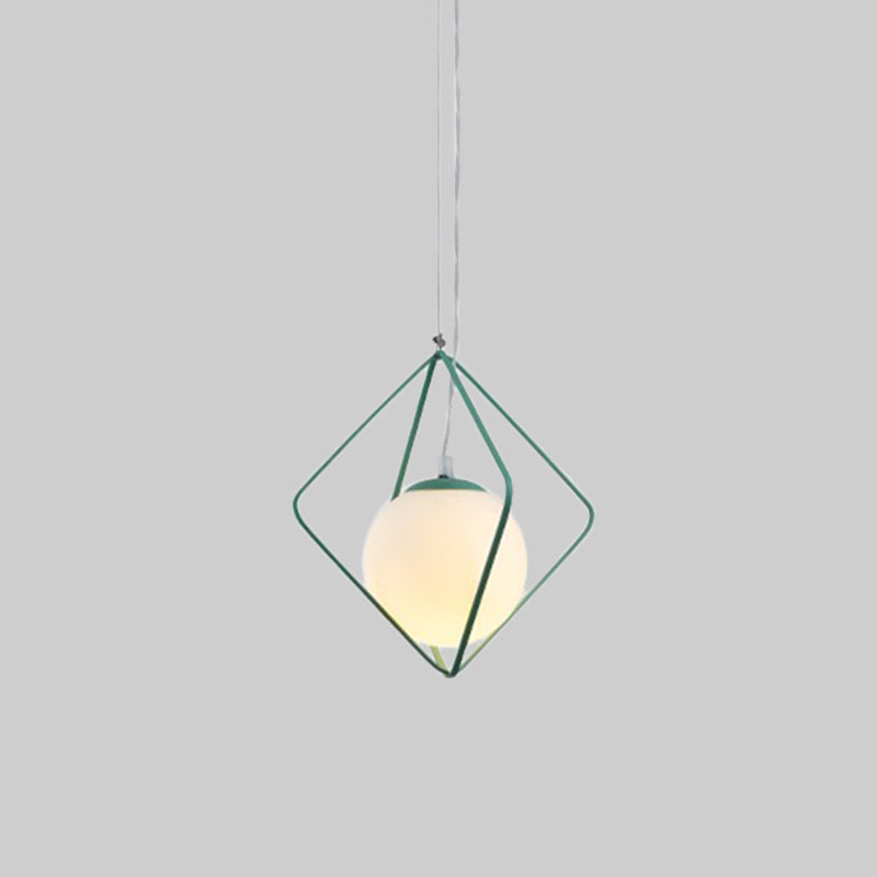 Minimalist Green/Grey Rhombus Cage Pendant Light with Milk Glass Shade - Single Head Iron Hanging Lamp Kit