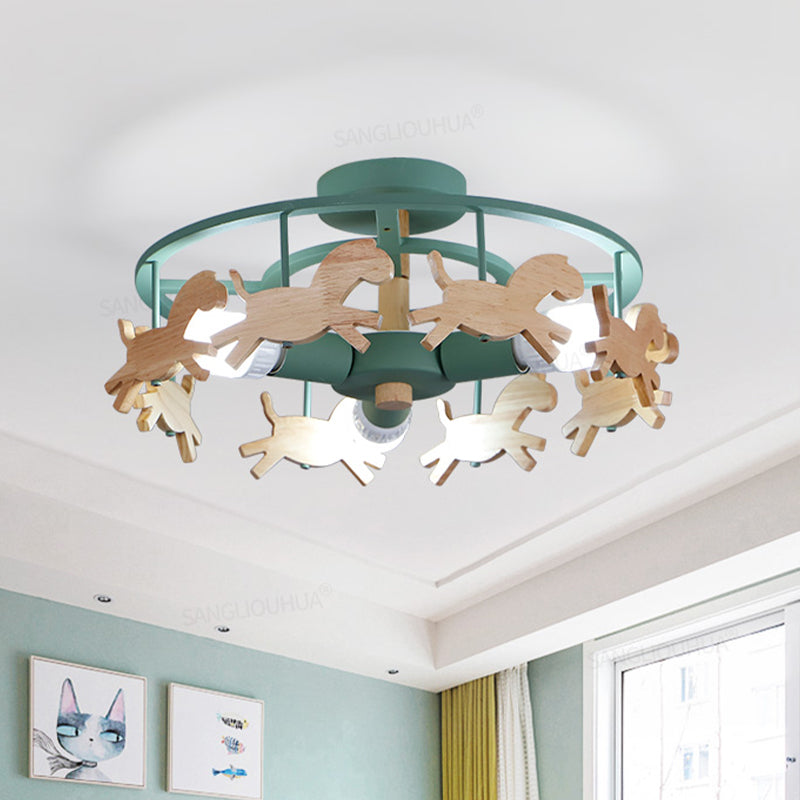 Round Semi-Flush Ceiling Light Macaroon 3-Bulb Grey/White/Green - Wooden Horse Design