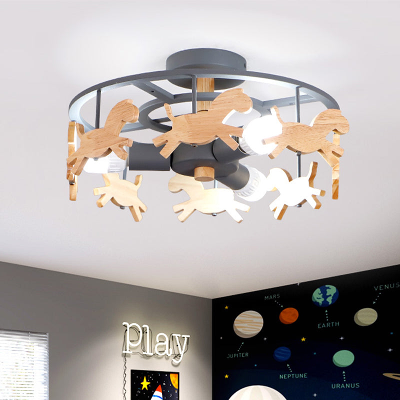 Round Semi-Flush Ceiling Light Macaroon 3-Bulb Grey/White/Green - Wooden Horse Design