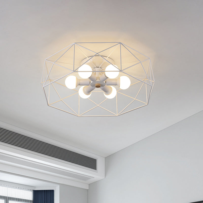 Nordic Iron Flush Mount Ceiling Light With Hexagon Cage | White| 3/6 Bare Bulb-Lit Fixtures