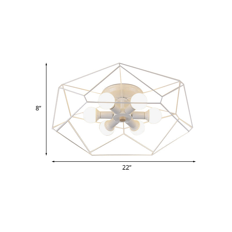 Nordic Iron Flush Mount Ceiling Light With Hexagon Cage | White| 3/6 Bare Bulb-Lit Fixtures