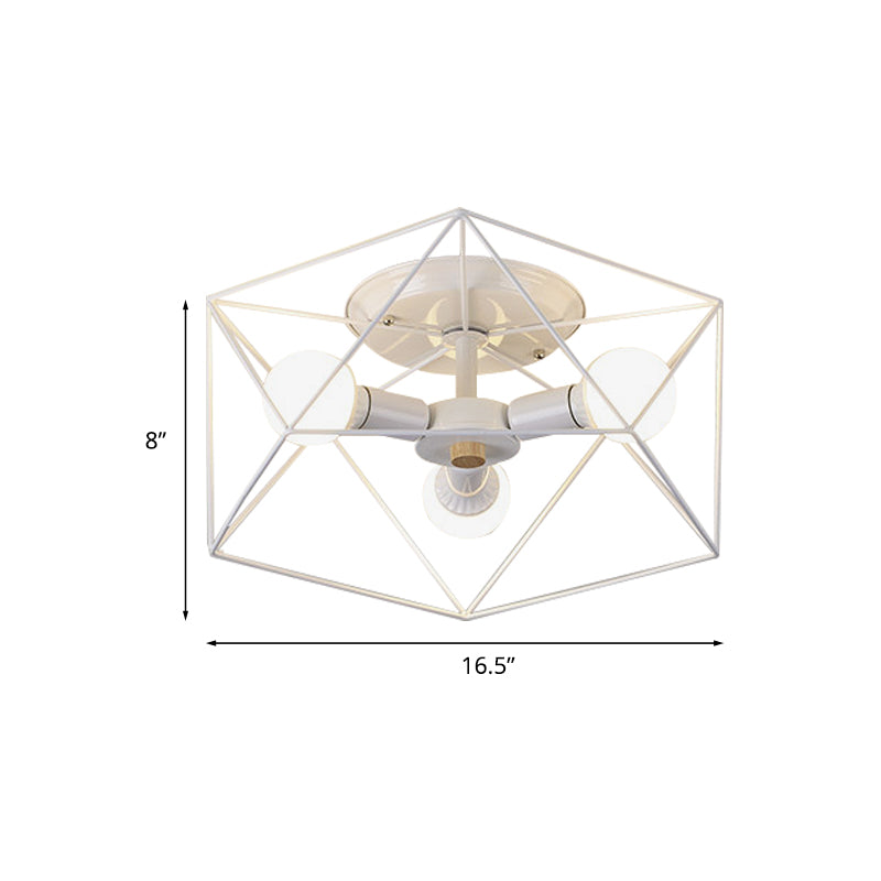 Nordic Iron Flush Mount Ceiling Light With Hexagon Cage | White| 3/6 Bare Bulb-Lit Fixtures