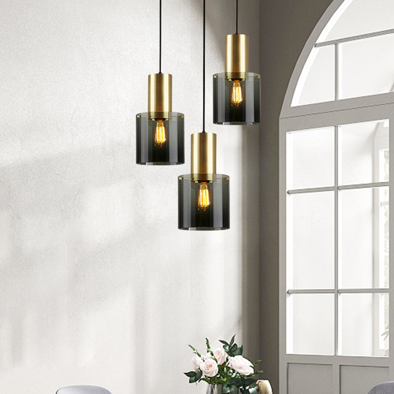 Retro Smoke Grey Glass Pendant Light with Brass Top for Kitchen Countertops