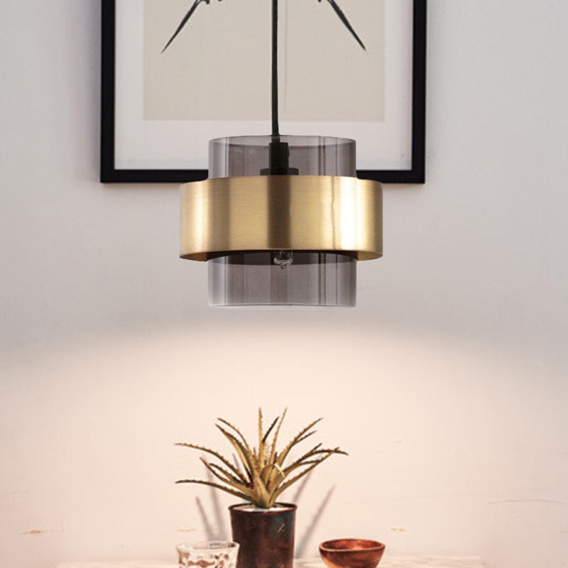 Mid Century Smoke Grey Glass Pillar Pendant Light with Gold Ring Guard - Single-Bulb Hanging Ceiling Light for Table