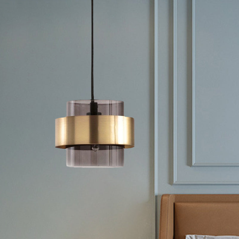 Mid Century Smoke Grey Glass Pillar Pendant Light with Gold Ring Guard - Single-Bulb Hanging Ceiling Light for Table