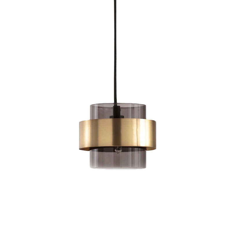 Mid Century Smoke Grey Glass Pillar Pendant Light with Gold Ring Guard - Single-Bulb Hanging Ceiling Light for Table
