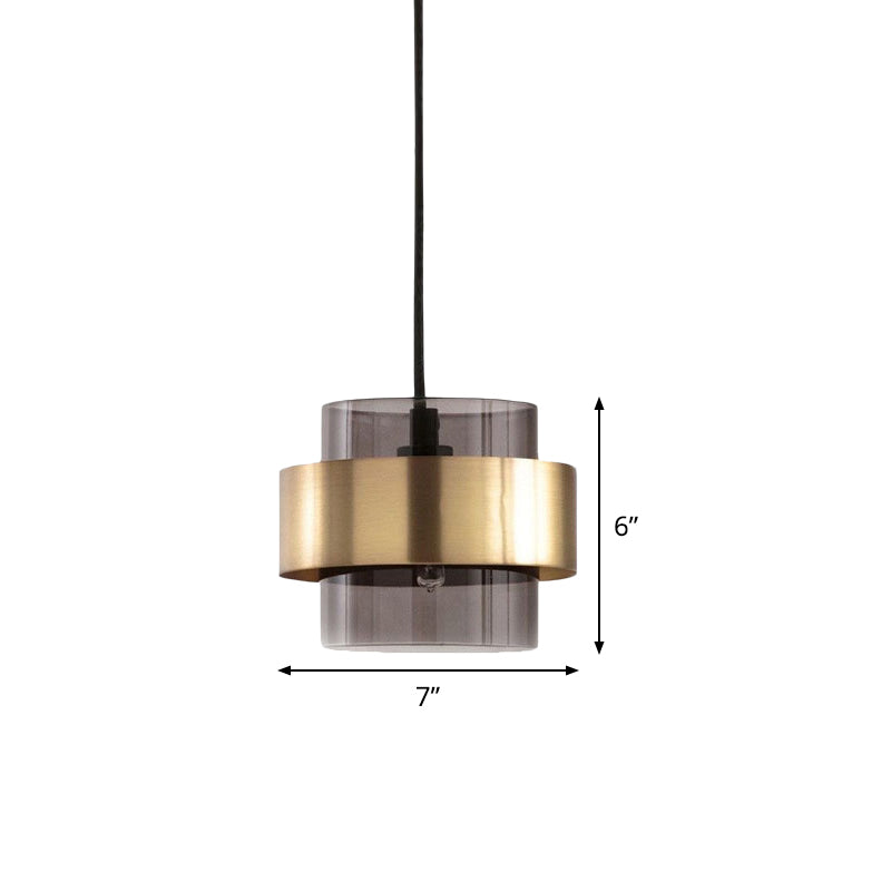 Mid Century Smoke Grey Glass Pillar Pendant Light with Gold Ring Guard - Single-Bulb Hanging Ceiling Light for Table