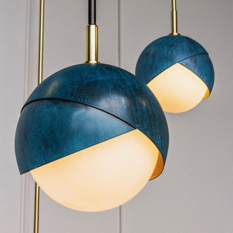 Vintage Milk Glass Mini Pendant Light With Blue Double Dome Cap - Hanging Ceiling Lamp