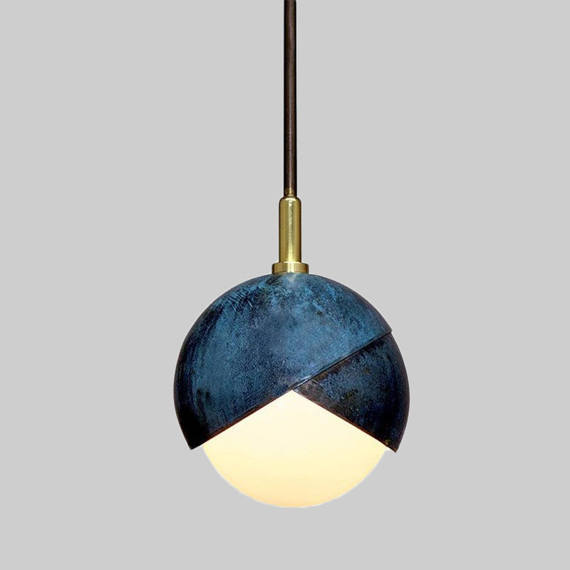 Vintage Milk Glass Mini Pendant Light With Blue Double Dome Cap - Hanging Ceiling Lamp
