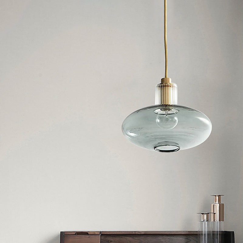 Mid Century Oval Blue Glass Pendant Light Fixture with Brass Cork for Dining Room