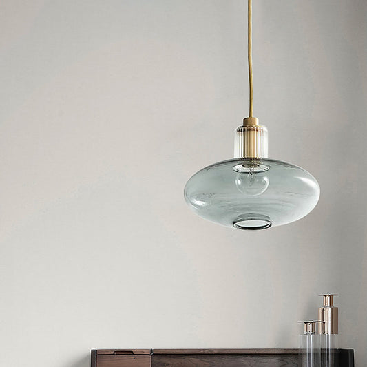 Mid Century Oval Blue Glass Pendant Light Fixture with Brass Cork for Dining Room