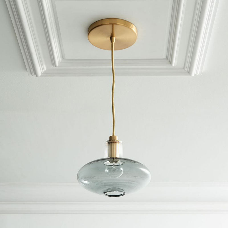 Mid Century Oval Blue Glass Pendant Light Fixture with Brass Cork for Dining Room