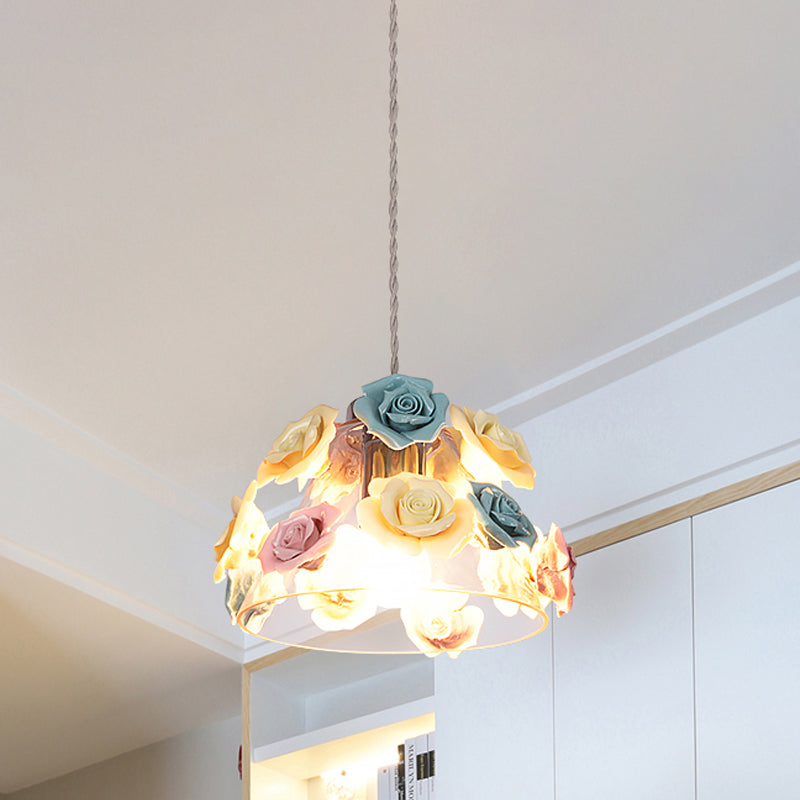 Modern Glass Hanging Lamp with Flower Decor - 1-Light Pendant in Conical Shape with Colorful Accents