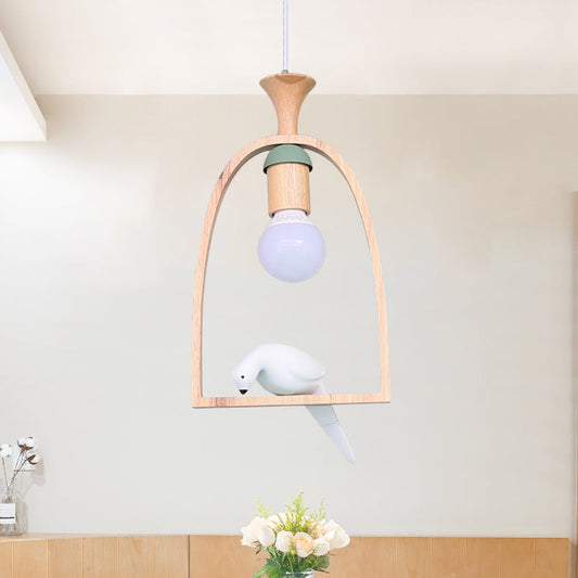 Nordic Green/White Pendant Ceiling Light with Arch Wood Frame and Bird Decoration - Single Dinette