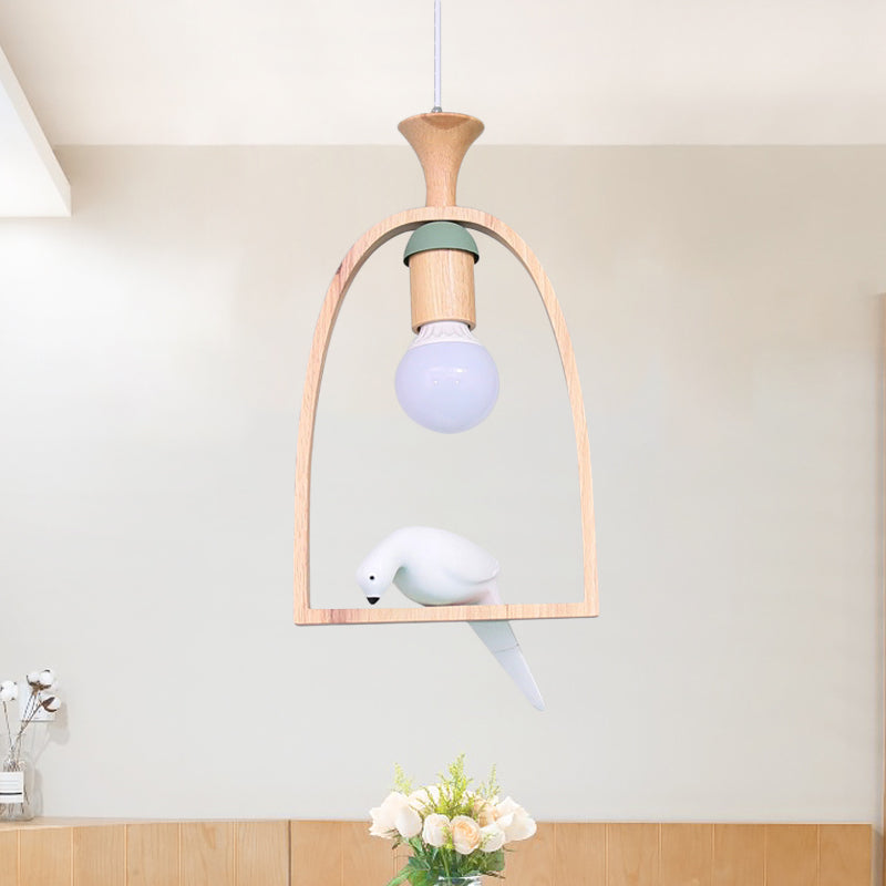 Nordic Green/White Hanging Pendant Ceiling Light With Wood Frame And Bird Decoration - Single