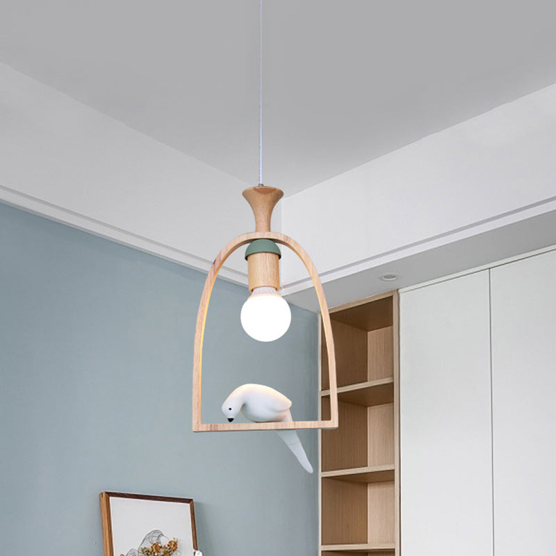 Nordic Green/White Pendant Ceiling Light with Arch Wood Frame and Bird Decoration - Single Dinette