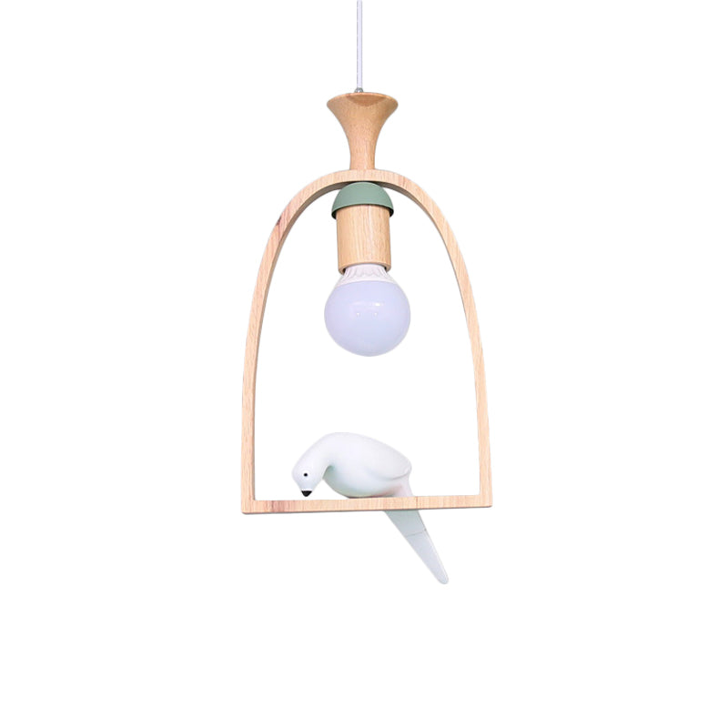 Nordic Green/White Pendant Ceiling Light with Arch Wood Frame and Bird Decoration - Single Dinette