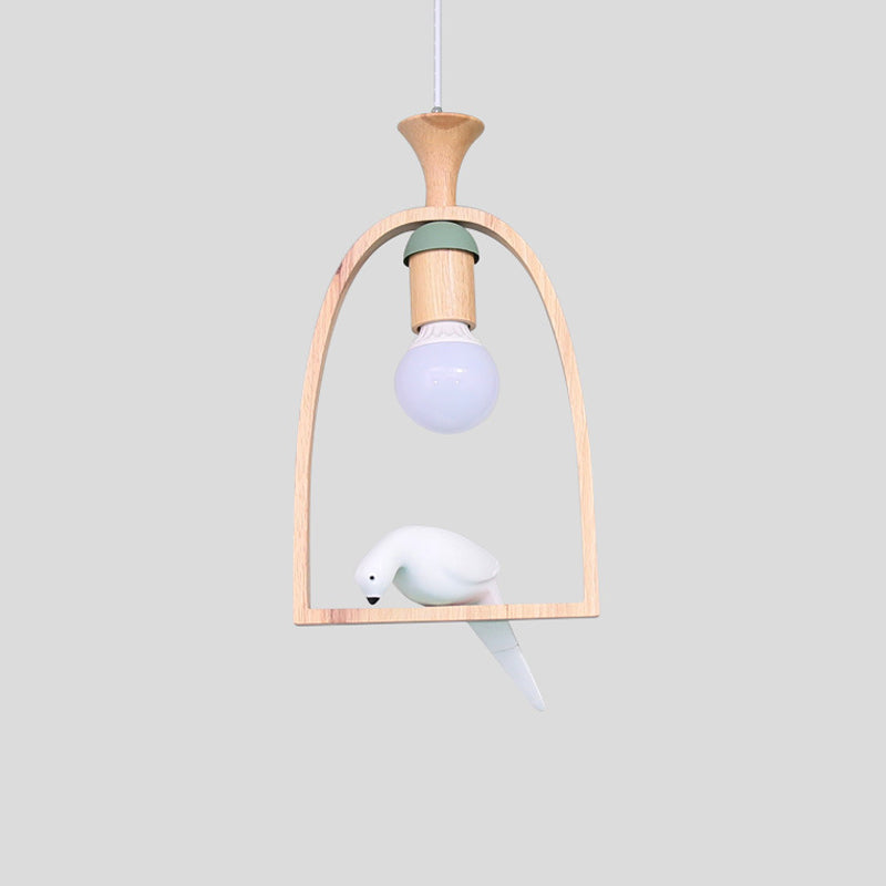 Nordic Green/White Hanging Pendant Ceiling Light With Wood Frame And Bird Decoration - Single