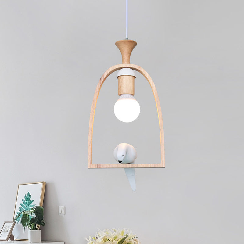 Nordic Green/White Hanging Pendant Ceiling Light With Wood Frame And Bird Decoration - Single