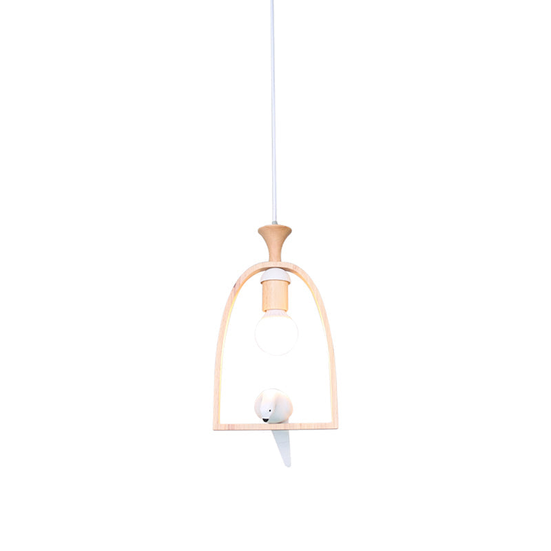 Nordic Green/White Pendant Ceiling Light with Arch Wood Frame and Bird Decoration - Single Dinette