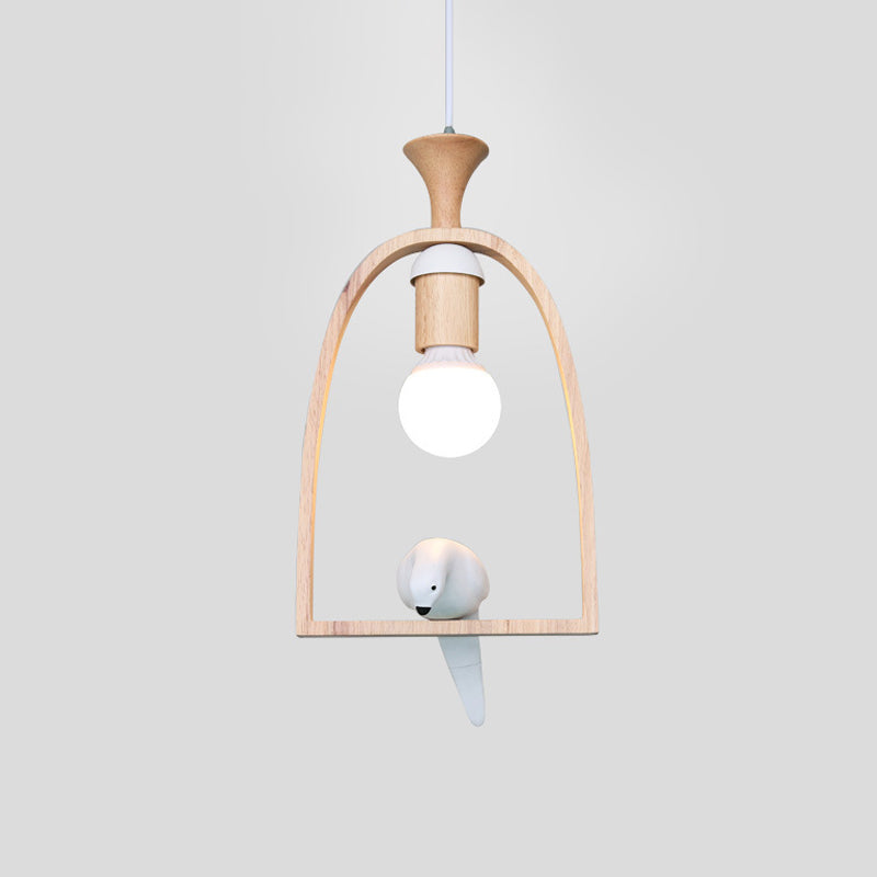 Nordic Green/White Pendant Ceiling Light with Arch Wood Frame and Bird Decoration - Single Dinette