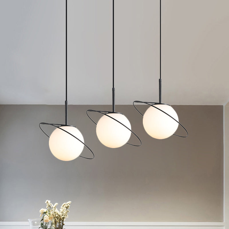 Opal Matte Glass Planet Pendant - Postmodern 3 Bulbs Black Hanging Lamp for Dining Table