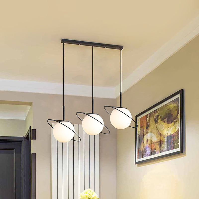 Opal Matte Glass Planet Pendant - Postmodern 3 Bulbs Black Hanging Lamp for Dining Table