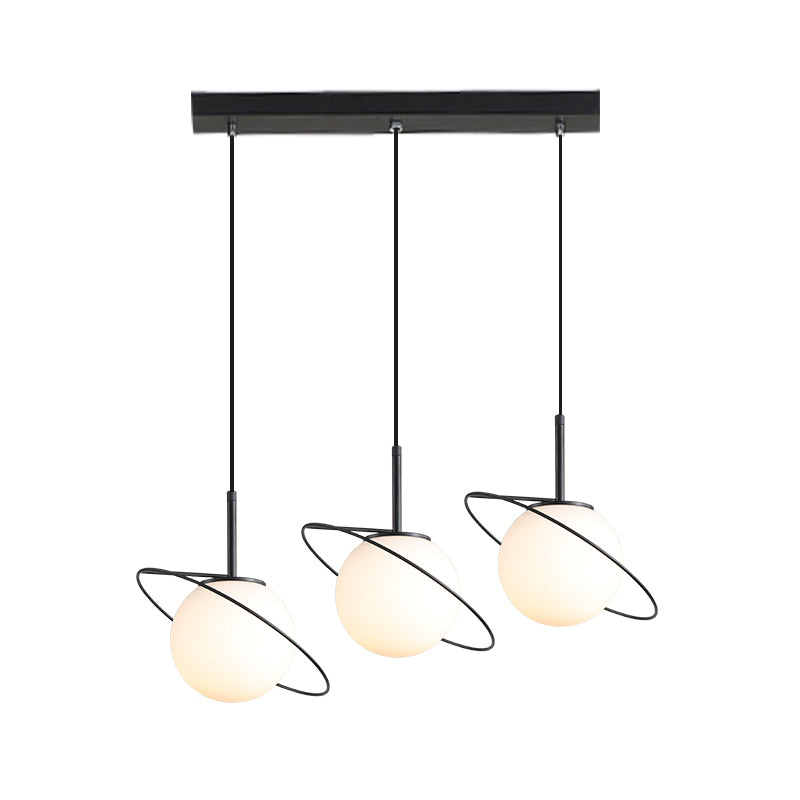 Opal Matte Glass Planet Pendant - Postmodern 3 Bulbs Black Hanging Lamp for Dining Table