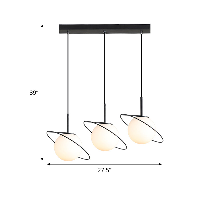 Opal Matte Glass Planet Pendant - Postmodern 3 Bulbs Black Hanging Lamp for Dining Table