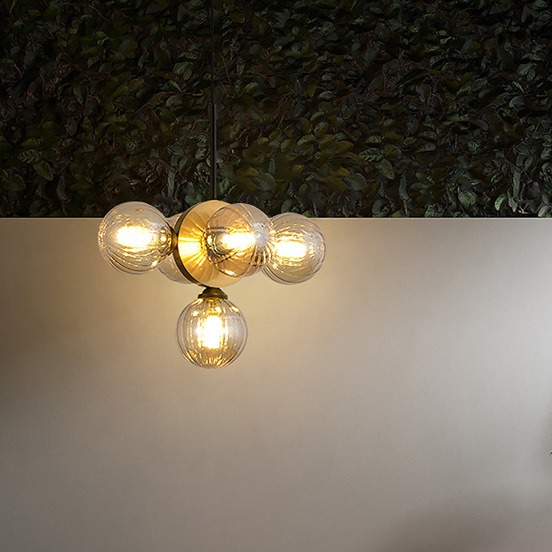 Lustre de restaurant à 5 lumières du milieu du siècle avec verre blanc/ambre - Design élégant en rafale