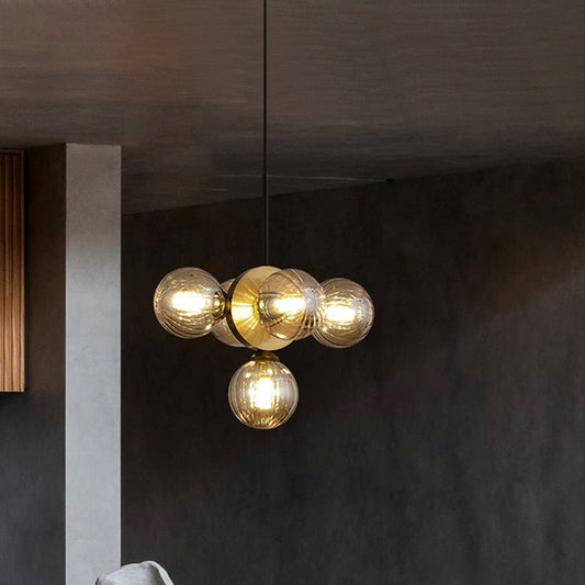 Mid Century 5-Light Restaurant Chandelier Pendant with White/Amber Glass - Elegant Burst Design