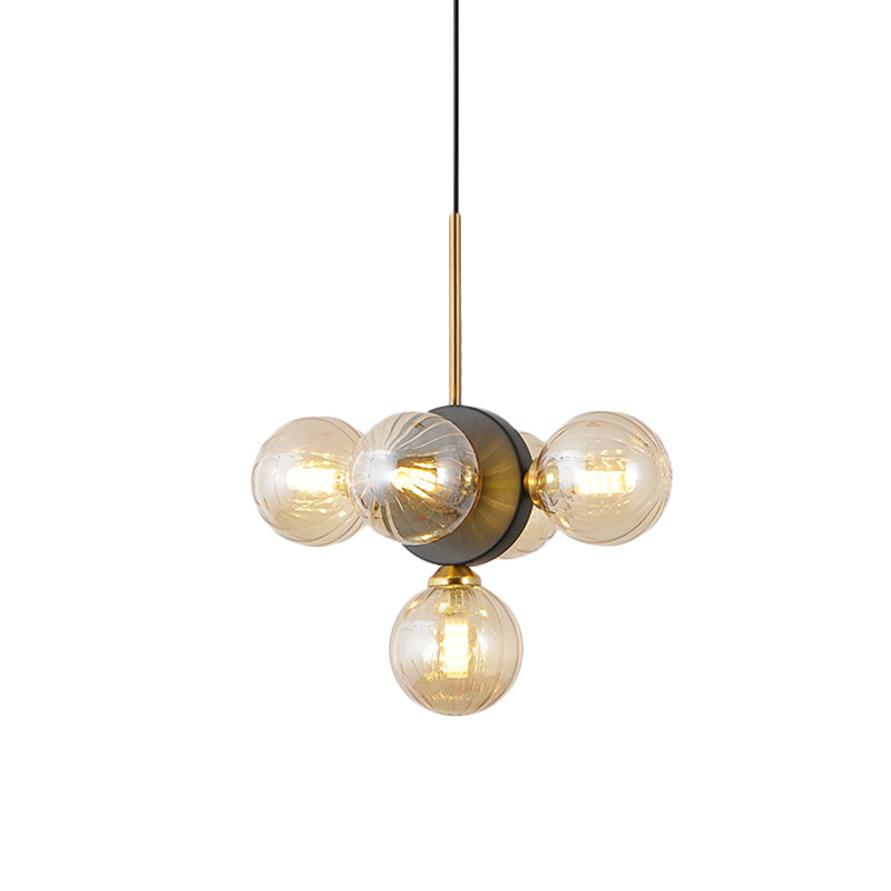 Lustre de restaurant à 5 lumières du milieu du siècle avec verre blanc/ambre - Design élégant en rafale