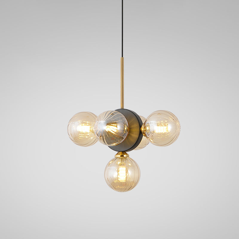 Lustre de restaurant à 5 lumières du milieu du siècle avec verre blanc/ambre - Design élégant en rafale