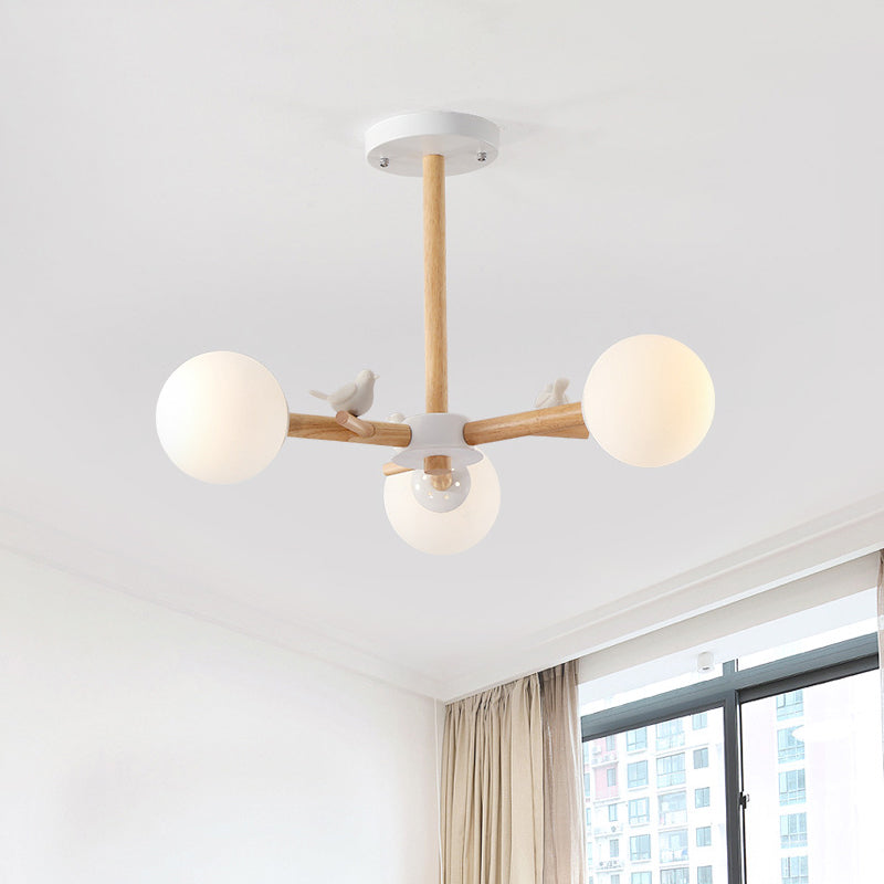 Nordic Wood Radial Chandelier? with White Glass Shade and Bird Decor - Perfect for Bedroom Semi-Mount Lighting - 3/6 Bulb Ceiling Mount