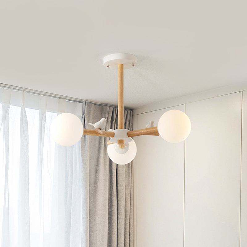 Nordic Wood Radial Chandelier? with White Glass Shade and Bird Decor - Perfect for Bedroom Semi-Mount Lighting - 3/6 Bulb Ceiling Mount