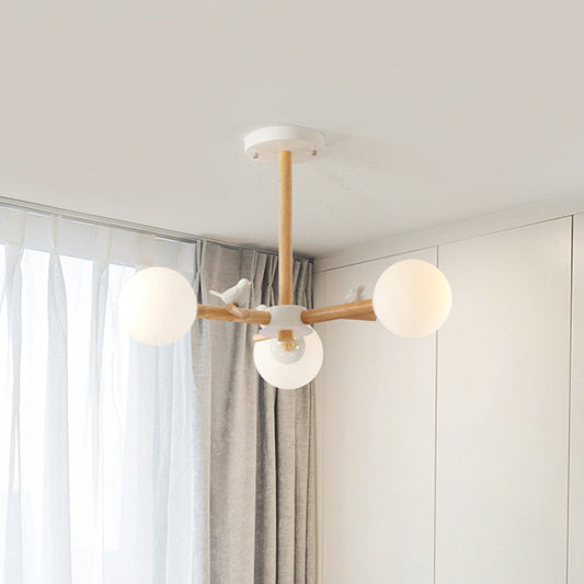 Nordic Wood Radial Chandelier? with White Glass Shade and Bird Decor - Perfect for Bedroom Semi-Mount Lighting - 3/6 Bulb Ceiling Mount