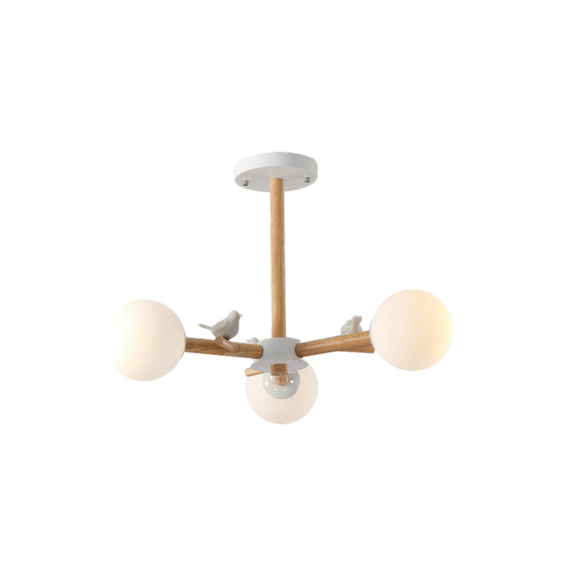 Nordic Wood Radial Chandelier? with White Glass Shade and Bird Decor - Perfect for Bedroom Semi-Mount Lighting - 3/6 Bulb Ceiling Mount