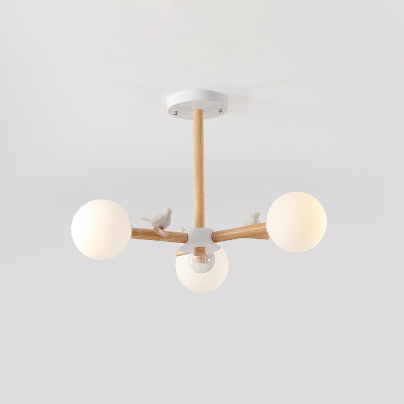 Nordic Wood Radial Chandelier? with White Glass Shade and Bird Decor - Perfect for Bedroom Semi-Mount Lighting - 3/6 Bulb Ceiling Mount
