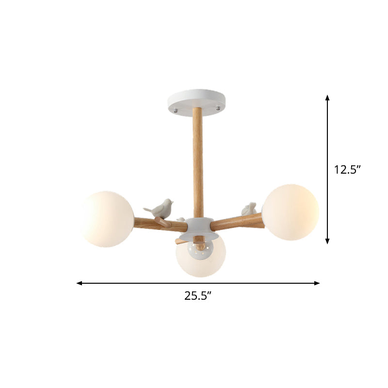 Nordic Wood Radial Chandelier? with White Glass Shade and Bird Decor - Perfect for Bedroom Semi-Mount Lighting - 3/6 Bulb Ceiling Mount